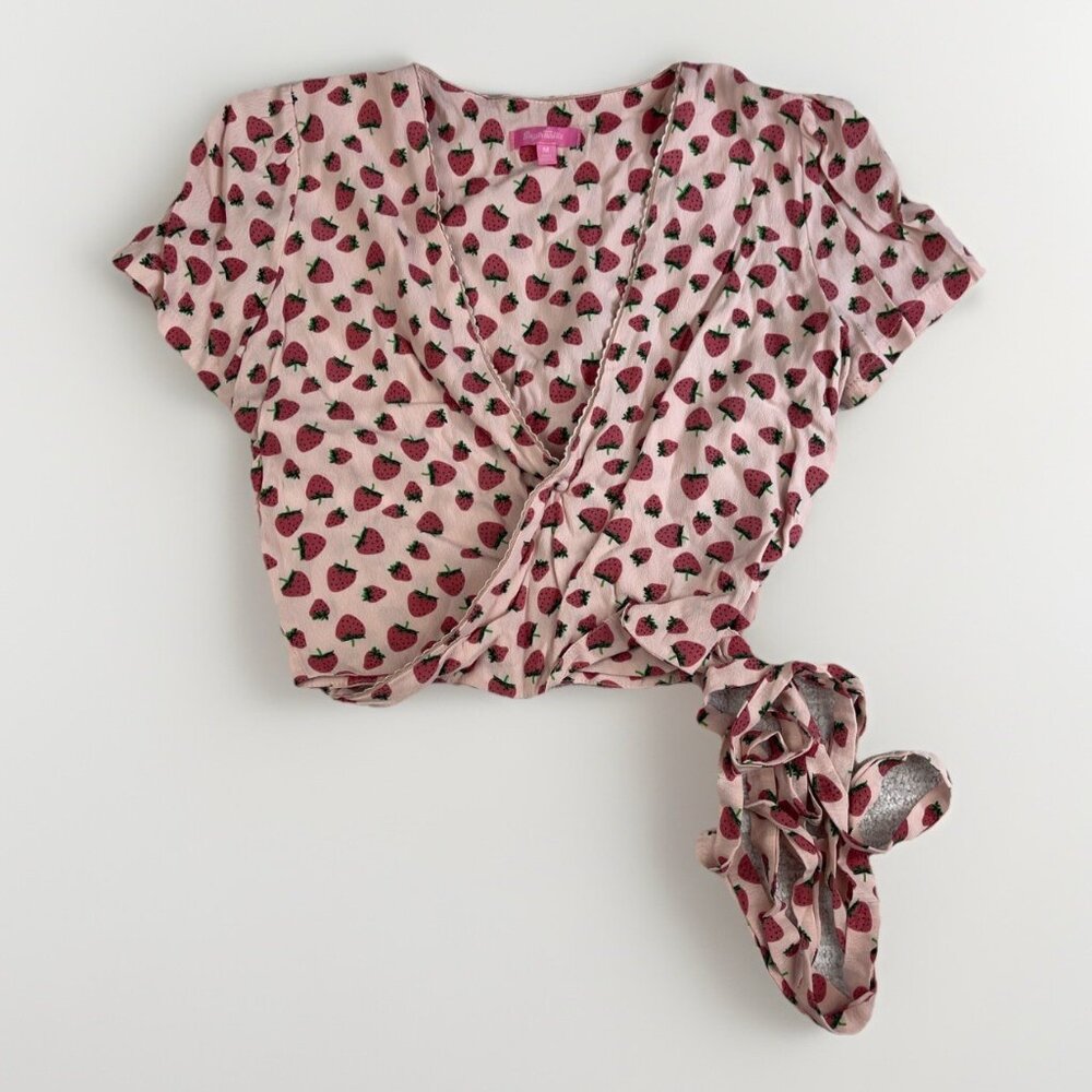Dollskill x SugarThrillz Wrap crop Top Wom Sz M Fruit Pink Strawberry Kawaii AOP